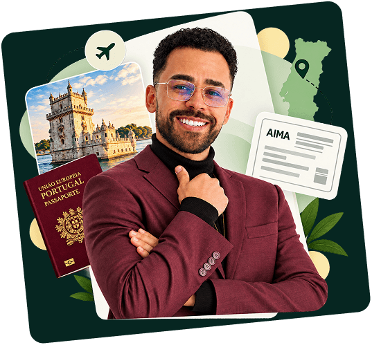 Daniel Ferrôza, rodeado de elementos de Portugal: passaporte, Torre de Belém, mapa e um documento da AIMA.